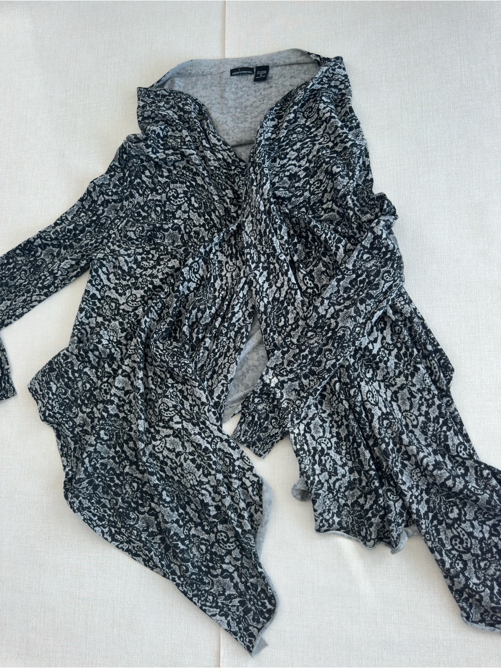 Black & Gray Open Front Cardigan Wrap Shawl - Delicate Black Lace Pattern
